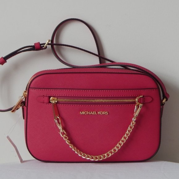 NWT Michael Kors Jet Set Item Leather LG EW Zip Chain Carmine Pink XBody Bag - Picture 3 of 14